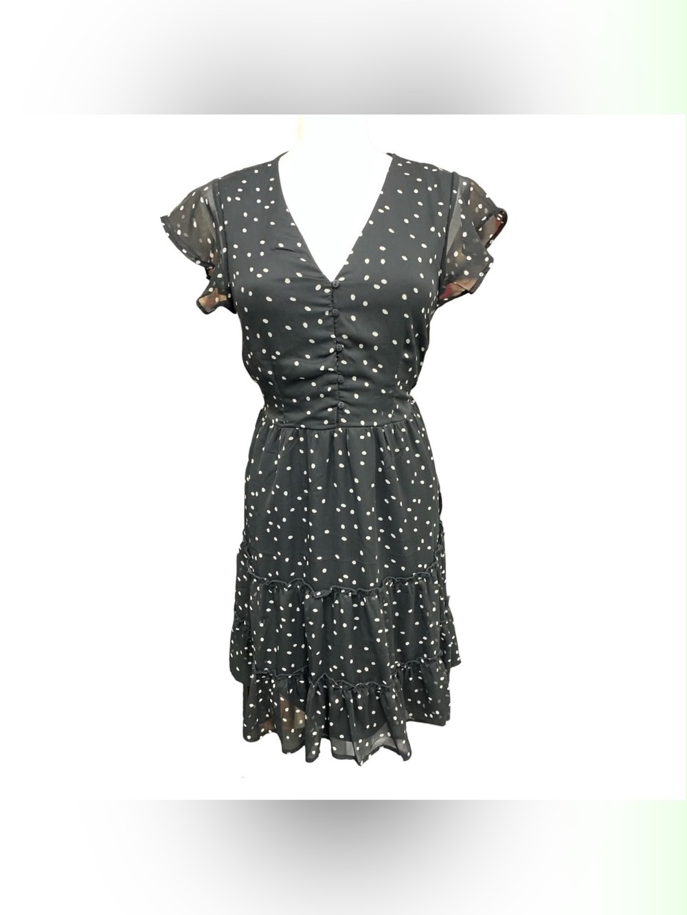 Pigalle Black Polka Dot V-Neck Tiered Ruffle Dress Size M